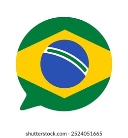 A vibrant vector illustration of a speech bubble in colors of Brazilian flag in a flat cartoon style