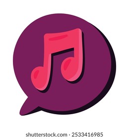 A vibrant vector illustration of a speech bubble with note sign in joyful cartoon style. A lively music festival or celebration with joyous atmosphere. Music cafe or club decoration