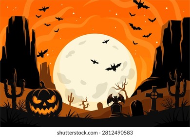 A vibrant vector illustration of a spooky Halloween night featuring a large glowing moon over a desert landscape filled with bats and tombstones. A sinister jack-o'-lantern sits in the foreground beside cacti and rocky mesas under an orange sky.
