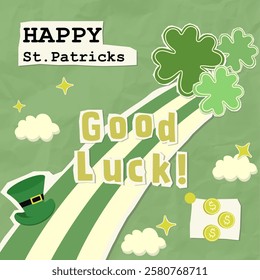 A vibrant vector illustration for St. Patrick's Day featuring clovers, a leprechaun hat, and a cheerful 'Good Luck!' message, perfect for festive greeting cards and decorations.