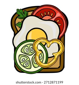 A vibrant vector illustration of a stacked breakfast sandwich featuring a perfectly fried egg, sliced tomato, fresh cucumber, and a heart-shaped yellow bell pepper ring, all presented on toasted br...