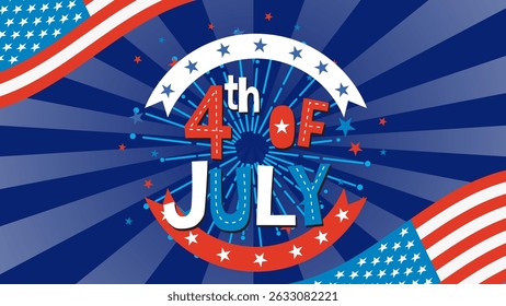 Vibrant vector illustration with stars, stripes, and fireworks in red, white, and blue. Perfect for Independence Day themes