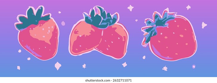 Vibrant vector illustration of strawberries in a trendy cartoon style with bold outlines, pastel gradients on a purple-blue background; perfect for modern kawaii-inspired designs.