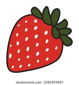A vibrant vector illustration of a strawberry, showcasing its bright red color, green leaves, and natural texture.