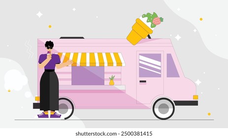 Vibrant vector illustration of a stylish individual enjoying an ice cream next to a colorful food truck, representing urban street food culture and summer vibes