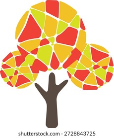 A vibrant vector illustration of a stylized abstract tree designed in a pop-art mosaic style. The foliage is formed from interconnected irregular shapes in red, yellow, and lime green, creating a bold autumn-inspired artwork ideal for modern graphic design, posters, and decorative projects.