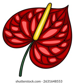 Vibrant vector illustration of a stylized Anthurium flower with a textured, heart-shaped petal and a bold yellow spadix, showcasing rich red and yellow hues.