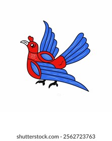 A vibrant vector illustration of a stylized bird with red and blue plumage, spreading its wings.