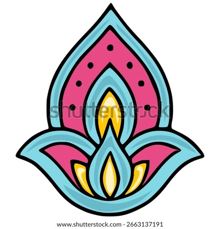 A vibrant vector illustration of a stylized floral motif, featuring a unique blend of teal, pink, and yellow hues, outlined in bold black, suitable for various design applications.