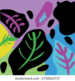 Lebendige Vektorgrafik mit stilisiertem Dschungelblättern in Neonpink, Cyan und Grün. Moderne kontrastreiche botanische Komposition für zeitgenössisches Design und Dekor