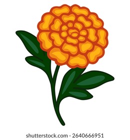Vibrant vector illustration of a stylized marigold flower with rich orange petals and deep green leaves, perfect for Day of the Dead designs or Mexican-inspired projects.