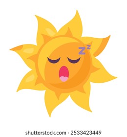 A vibrant vector illustration of stylized slipping sun in bright yellow color in a cartoon style. The sun's face is friendly and inviting, radiating warmth and happiness