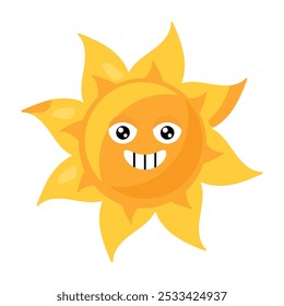 A vibrant vector illustration of stylized smiling sun in bright yellow color in a cartoon style. The simple yet expressive design captures the essence of happiness and good cheer