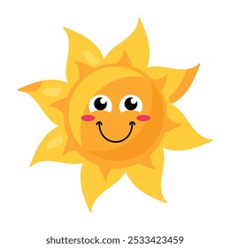 Uma ilustração vetorial vibrante de sol estilizado com um sorriso radiante na cor amarela brilhante em um estilo de desenho animado. O rosto do sol é amigável e convidativo, irradiando calor e felicidade