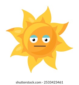 A vibrant vector illustration of stylized sun with apathetic face in bright yellow color in a cartoon style. Campaigns promoting mental health awareness, representing feelings of depression or anxiety