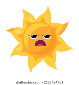 Una vibrante Ilustración vectorial de sol estilizado con una expresión irritada en color amarillo brillante en un estilo de dibujos animados. Los personajes emoticonos brillantes expresan frustración, ira o sarcasmo