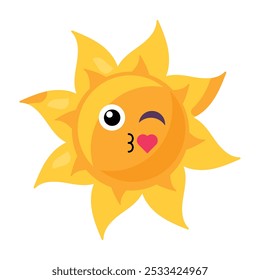 A vibrant vector illustration of stylized winking and kissing sun in bright yellow color in a cartoon style. The sun's face is playful and inviting, radiating warmth and happiness