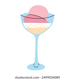 Vibrant vector illustration of a summer dessert, ice cream in champagne in a wineglass. Trendy treat for celebrations and festive parties. Flat cartoon style, fancy alcohol beverage