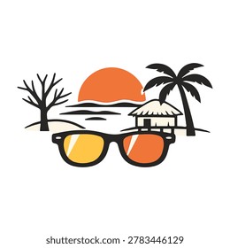 Vibrant vector illustration of sunglasses over tropical beach scene with palm trees and sunset.