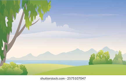 A vibrant vector illustration of a sunny outdoor scene with lush green fields, bushes, distant mountains, and a bright blue sky.