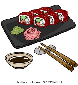 Vibrant vector illustration of sushi rolls with red tobiko, pickled ginger, wasabi, and soy sauce, served with chopsticks on a dark plate.