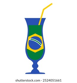 A vibrant vector illustration of a tall cocktail glass with a straw in colors of Brazilian flag in a flat cartoon style