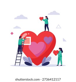 Vibrant vector illustration of a team collaboratively building and adorning a large red heart. Represents love, care, relationship building, and strong community support.