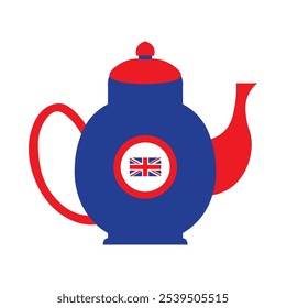 A vibrant vector illustration of a teapot in a cartoon style. The United Kingdom clip art element. English language and the UK culture, events, and celebrations. Promotion of British destinations,