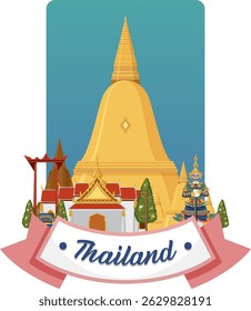 Vibrant vector illustration of Thai architecture with a golden stupa, traditional buildings, and lush greenery