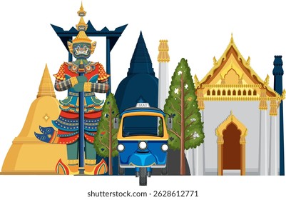 Vibrant vector illustration of Thai landmarks with a tuk-tuk. Features traditional architecture and a guardian statue in vivid colors