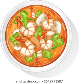 Vibrant vector illustration of Thai Tom Yum soup with shrimp, herbs, and mushrooms in a white bowl