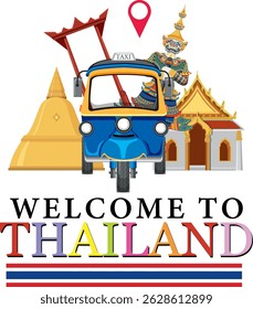 Vibrante Ilustración vectorial de Tailandia con un tuk-tuk, arquitectura tradicional y Elementos culturales en una colorida composición