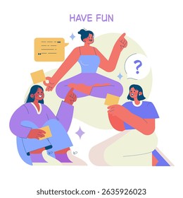 Vibrant vector illustration of three animated characters engaged in a lively group activity. Characters are interacting cheerfully, holding notes, and expressing joyful emotions.