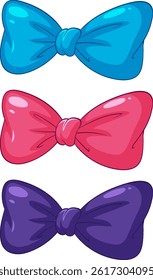 Vibrant vector illustration of three cartoon bow ties in blue, red, and purple. Simple composition with glossy highlights