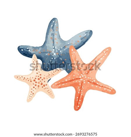 Vibrant vector illustration of three colorful starfish. Ideal for summer beach designs, marine life projects, and tropical vacation graphics.