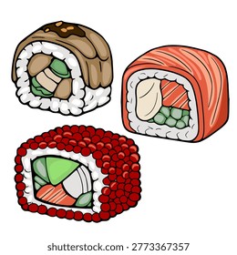 Vibrant vector illustration of three delicious sushi rolls, including salmon, beef, and tobiko, on a white background.