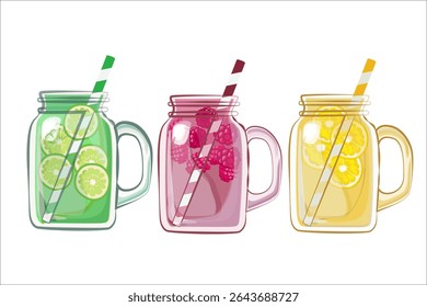 Vibrant vector illustration of three lemonades: lime, lemon, and raspberry in glasses with fresh fruit slices. Clean, modern style on transparent background.