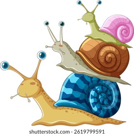 Vibrant vector illustration of three snails stacked, showcasing diverse shell patterns and colors, emphasizing unity and diversity