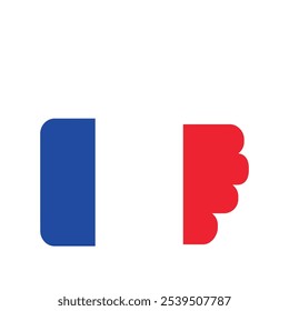 A vibrant vector illustration of a thumb up sign in colors of French flag in a cartoon style. French cultural festivals, culinary events showcasing French cuisine. French products, services, or