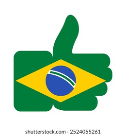 A vibrant vector illustration of a thumb up symbol in colors of Brazilian flag in a flat cartoon style. Tourism campaigns, design brochures, flyers, or packaging