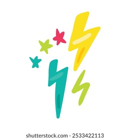 A vibrant vector illustration of thunderbolts and stars in joyful cartoon style. A lively music festival or celebration with joyous atmosphere. Music cafe or club decoration