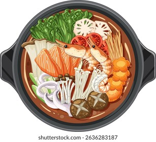 Vibrant vector illustration of a traditional Asian hot pot with seafood and vegetables, showcasing intricate details and rich colors