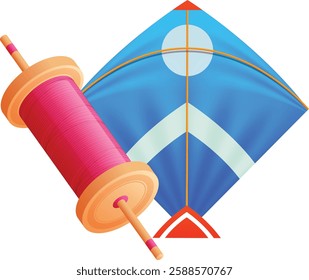 Vibrant vector illustration of a traditional Indian kite with a spool of thread, symbolizing the festival of Makar Sankranti and kite flying celebrations. Perfect for festive designs, cultural events