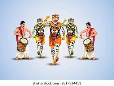 A vibrant vector illustration of the traditional Pulikali (Tiger Dance) performance during the Onam festival in Kerala, India. The artwork features three energetic tiger-painted dancers in dynamic poses accompanied by two traditional chenda drummers dressed in Kerala attire. This colorful cultural composition celebrates the rich heritage, festive spirit, folk art, music, and dance of South India. Isolated on a clean light gray background, the illustration is ideal for festival posters, banners, brochures, greeting cards, social media, travel promotions, and cultural event designs.