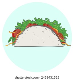  A vibrant vector illustration of a traditional taco with a flour tortilla shell filled with lettuce, tomatoes, and other toppings, showcasing the Mexican cuisine staple's classic flavors and textures