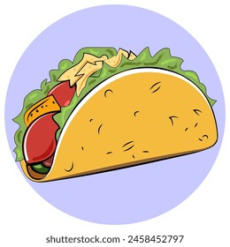  A vibrant vector illustration of a traditional taco with a flour tortilla shell filled with lettuce, tomatoes, and other toppings, showcasing the Mexican cuisine staple's classic flavors and textures