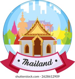 Lebendige Vektorgrafik eines traditionellen thailändischen Tempels mit bunten Hintergrundelementen und modernem Design