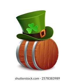 vibrant vector illustration of a traditional wooden barrel adorned with a festive green hat and a lucky clover leaf. Perfect for adding a touch of Irish charm to your designs, this illustration is