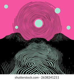 Vibrant vector illustration in a trending Neo-Psychedelic style: wavy lines form surreal mountains and a teal neon sun.