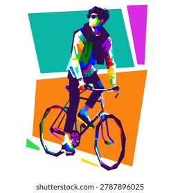Vibrant vector illustration of a trendy cyclist with sunglasses in WPAP pop art style, featuring colorful geometric shapes of a man riding a bike.